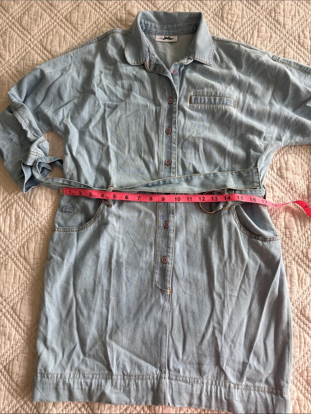 LACOSTE Light Blue Denim Belted Dress with Collar Sz 36 Long Sleeves Denim Mini - Picture 9 of 10